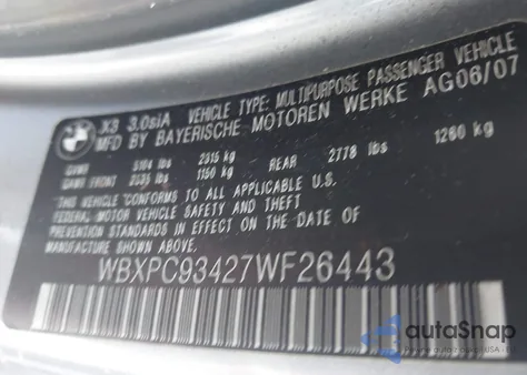 2007 BMW X3 3.0Si from USA, damaged, VIN WBXPC93427WF26443